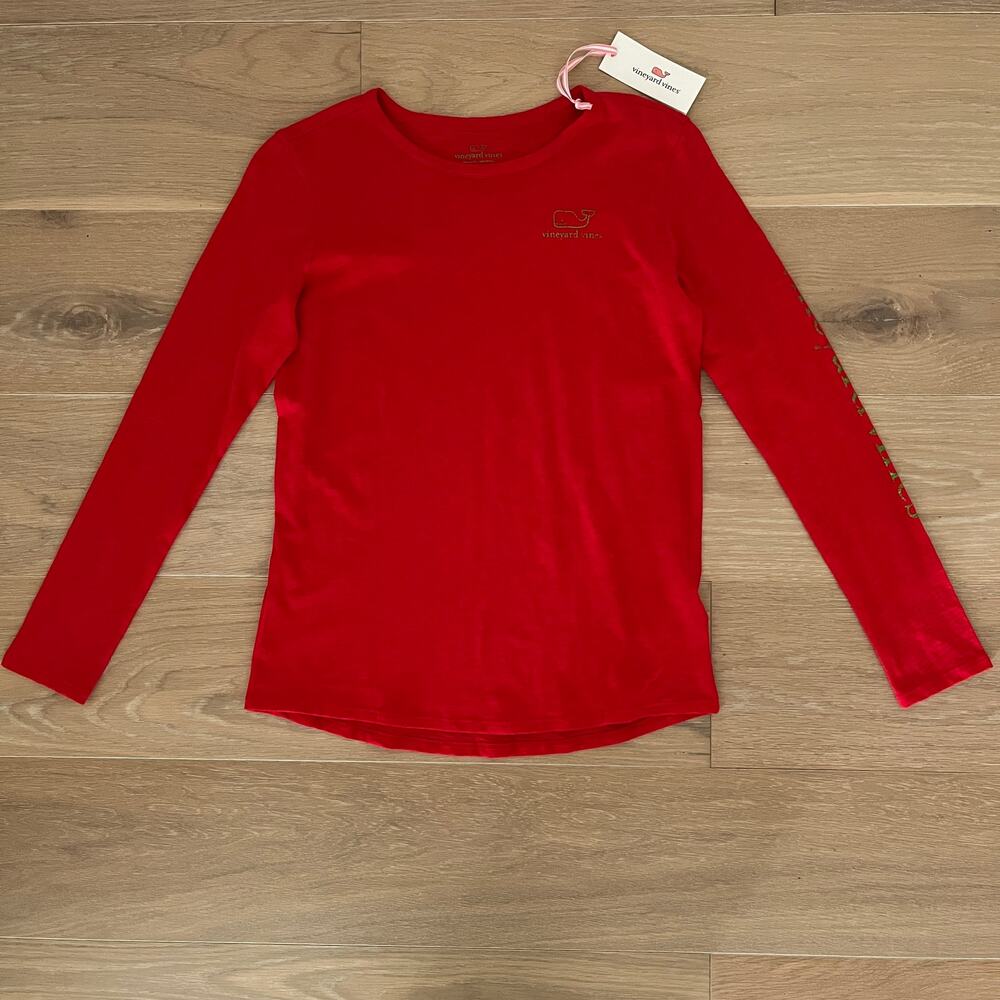 Vineyard Vines Girl's Long Sleeve Graphic Foil Vtg Whale Slub Tee Red Large NWT